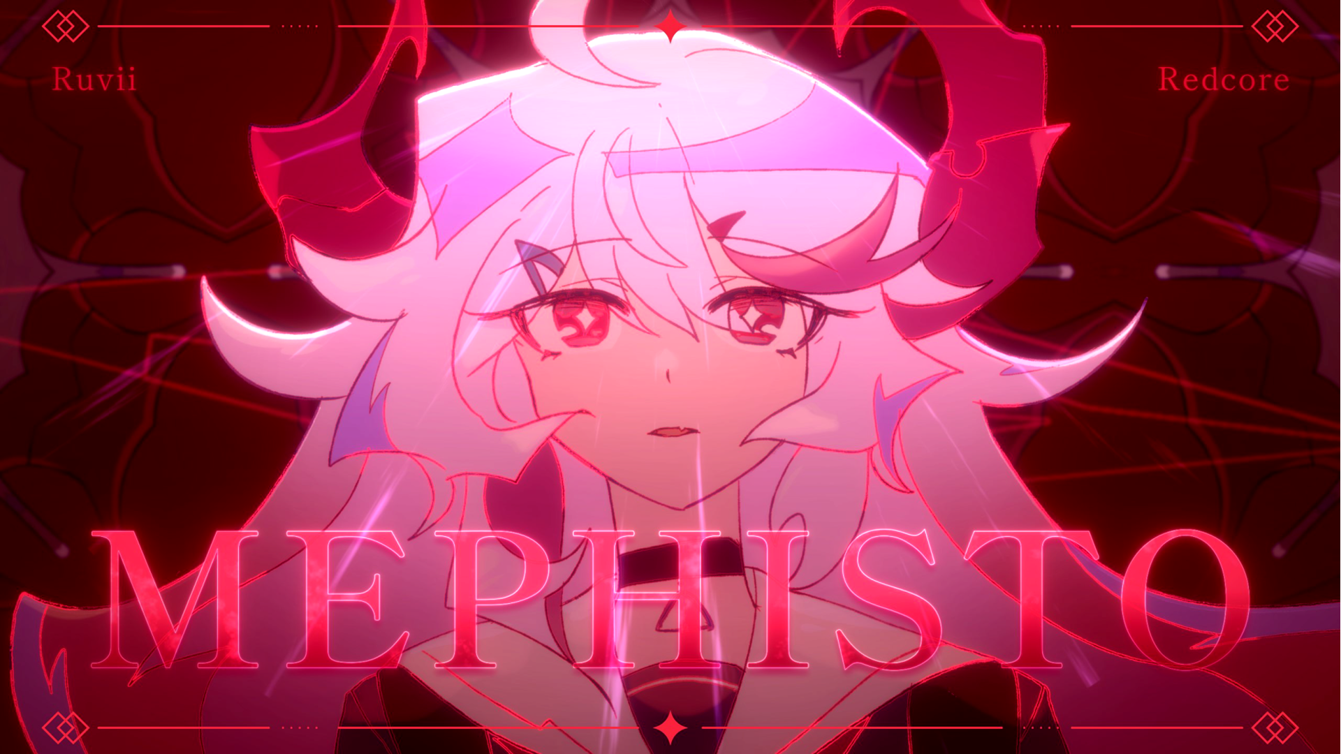 Anime-style character with white hair and red eyes, glowing red text 'MEPHISTO' in front, names 'Ruvii' and 'Redcore' in red in top corners.