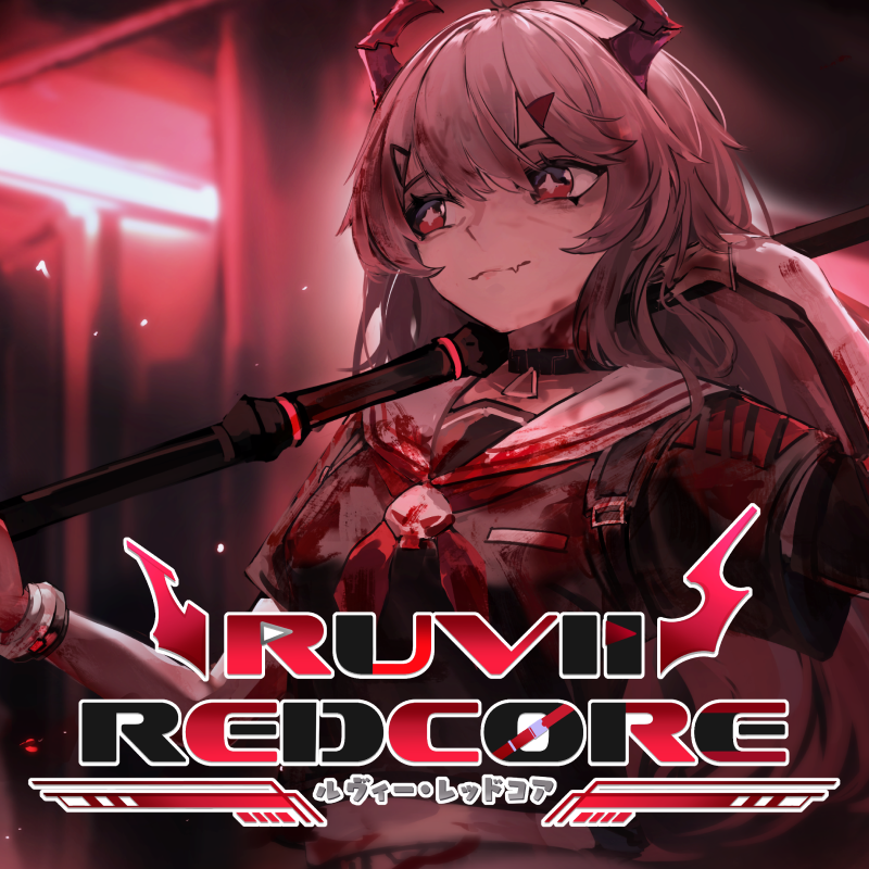 Anime-style female character with red eyes and horns holding a weapon over her shoulder, with bold red and black text 'RUVII REDCORE' and Japanese characters below.