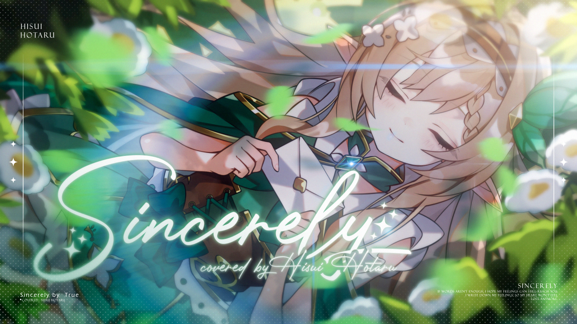 Anime-style girl with blonde hair and floral hair accessories lying amidst green leaves and white flowers, holding a sealed envelope and smiling with closed eyes.