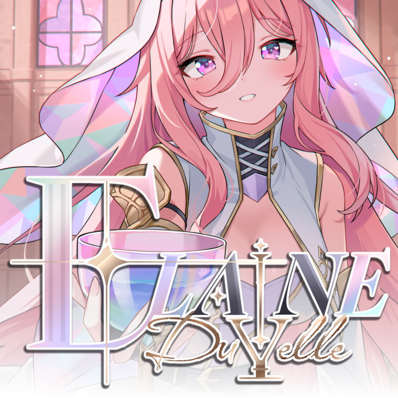 Anime-style woman with long pink hair and purple eyes wearing a white and gold outfit, holding a glowing cup, with decorative text overlay.