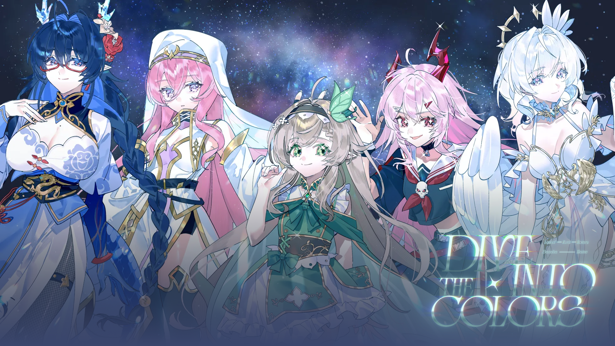 Five animated female characters with distinct colorful outfits and hairstyles standing against a starry cosmic background with the text 'Dive Into The Colors'.