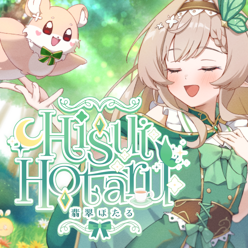 Anime-style girl with long blonde hair in a green outfit smiling with eyes closed, accompanied by a small, smiling flying creature with a green bow tie, set against a bright, leafy background with 'Hisui Hotaru' text overlay.