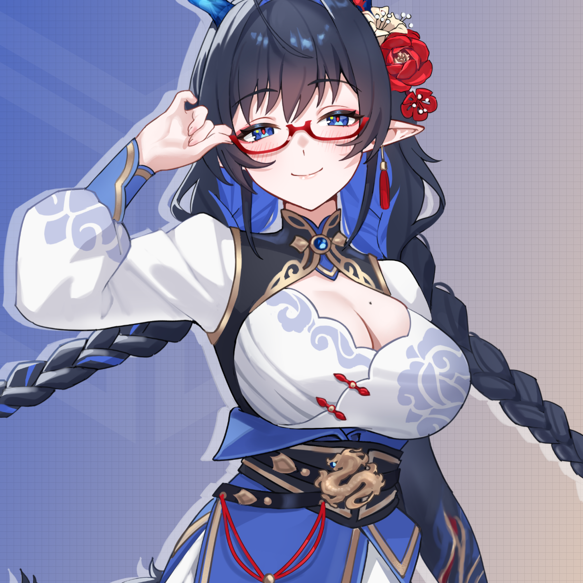 Anime-style female character with long braided black hair, blue antler-like horns, red glasses, and a blue and white ornate outfit with floral and dragon details.