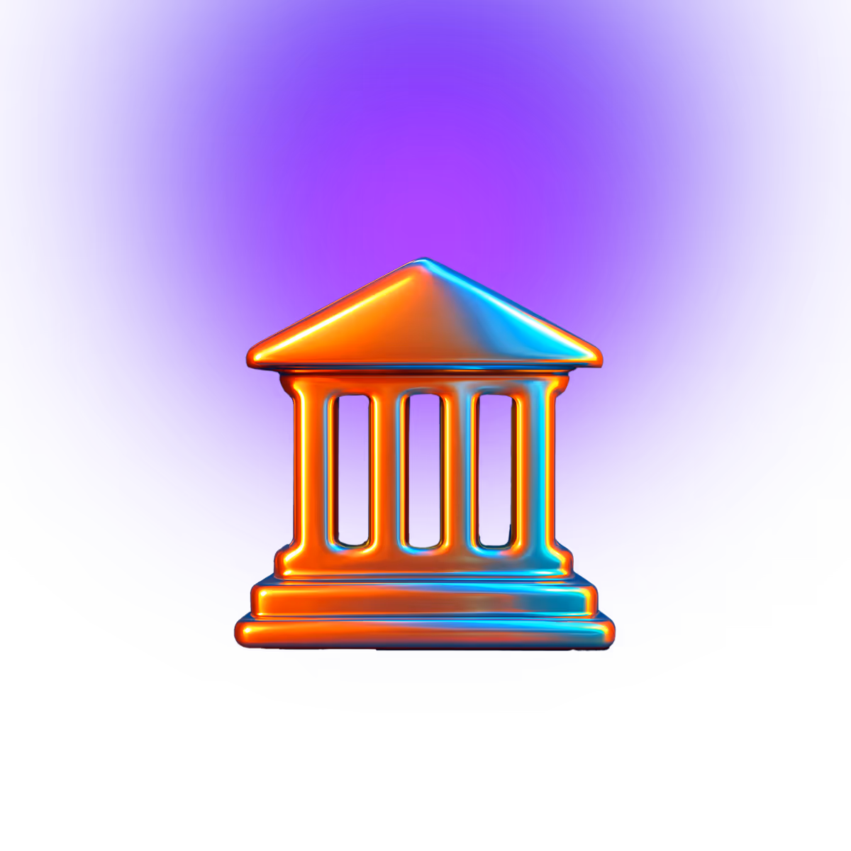 Shiny metallic orange courthouse icon with columns on vibrant blue background.