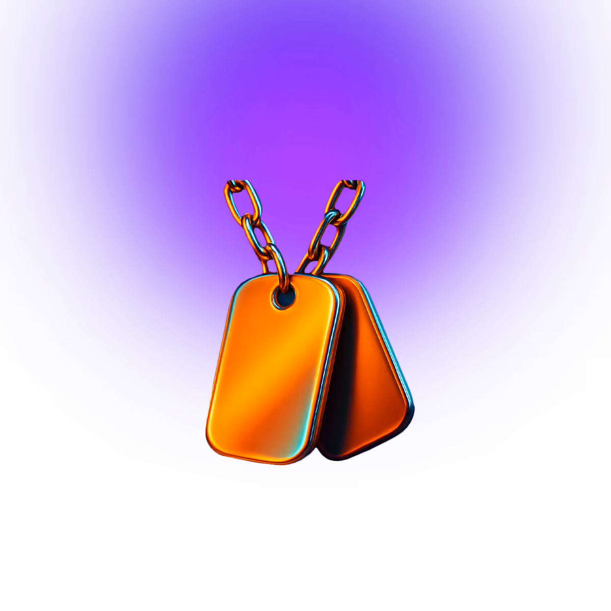 Two metallic dog tags with chains against a blue-purple gradient background.