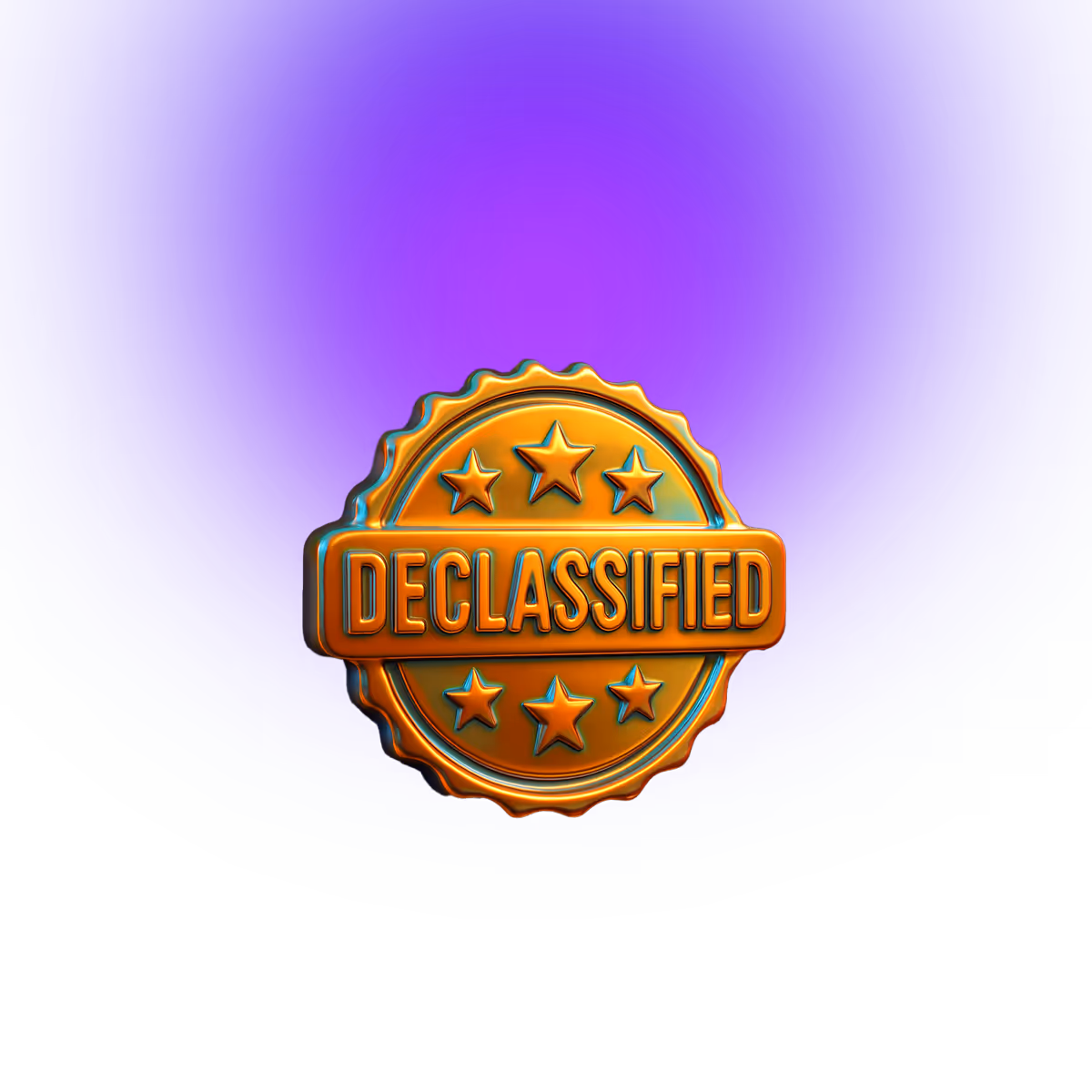 Orange metallic badge with stars and the word 'DECLASSIFIED' on a blue background.