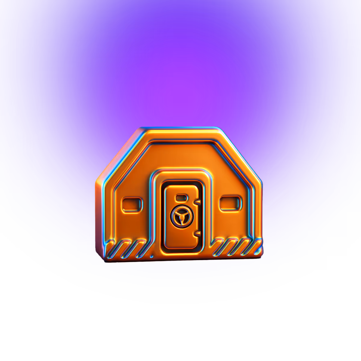 Glossy orange bunker with a central door featuring a circular wheel lock on a purple background.