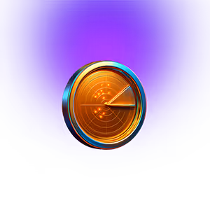 Round orange radar screen with scanning line on a blue gradient background.