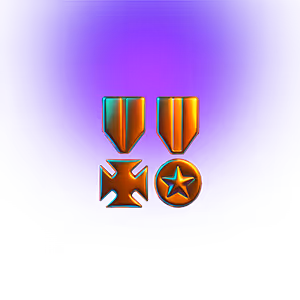 Two gold military medals on a purple gradient background, one shaped like a cross and the other a circle with a star.
