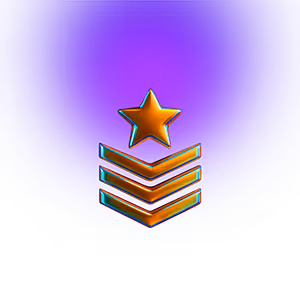 Shiny gold military rank emblem with a star above three chevrons on a blue gradient background.