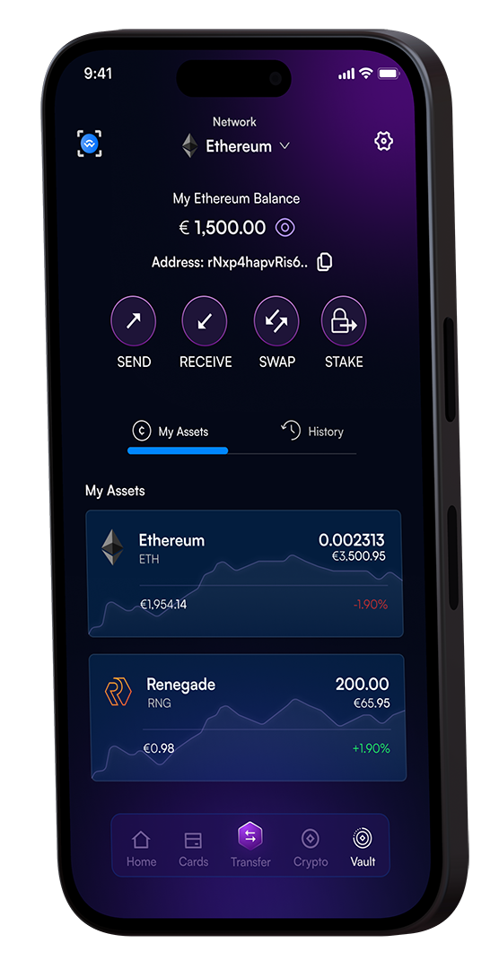 Mobile screen showing Ethereum wallet with balance of €1,500, options to send, receive, swap, stake, and asset details for Ethereum and Renegade with current values and percentage changes.