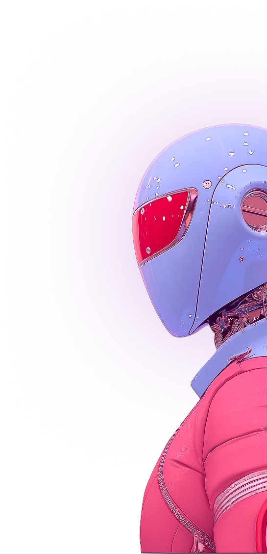 Side profile of a futuristic robot with a blue helmet and red visor wearing a pink padded suit against a purple background.