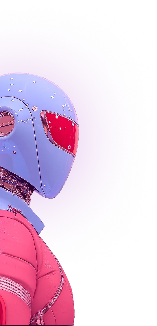 Side profile of a futuristic robot wearing a blue helmet with a red visor and a pink jacket against a purple background.