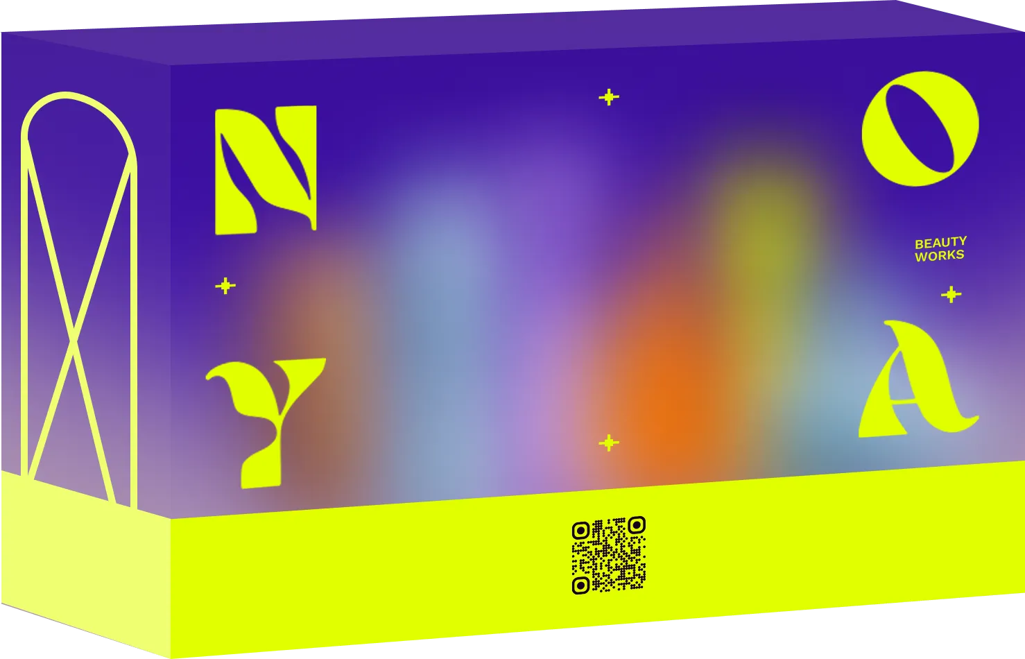 A purple and yellow rectangular box with artistic yellow letters N, Y, O, A arranged around the sides, text 'Beauty Works', and a QR code on the lower yellow band.