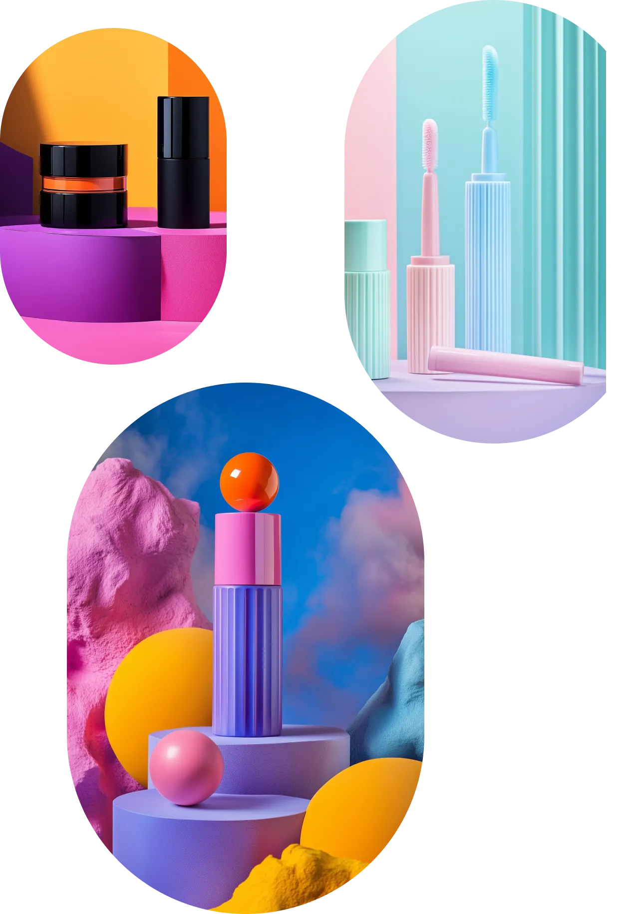 Three oval-shaped images featuring pastel-colored and brightly lit cosmetic products arranged on geometric pedestals with colorful abstract backgrounds.
