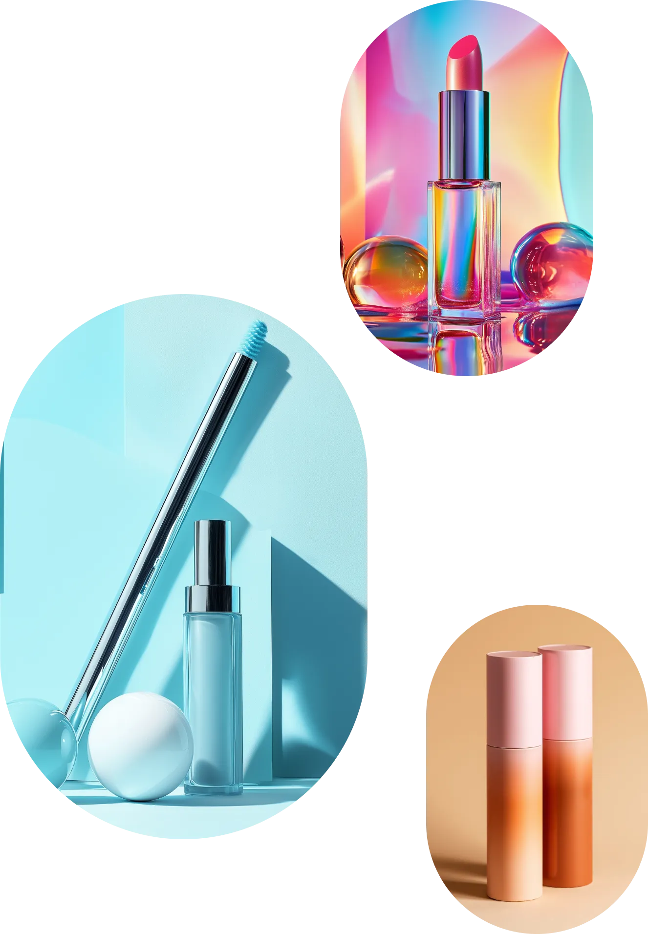 Three stylized product photos of cosmetic items: a blue mascara and bottle on a light blue background, a pink lipstick with iridescent spheres on a colorful reflective background, and two gradient orange-pink cylindrical bottles on a beige background.