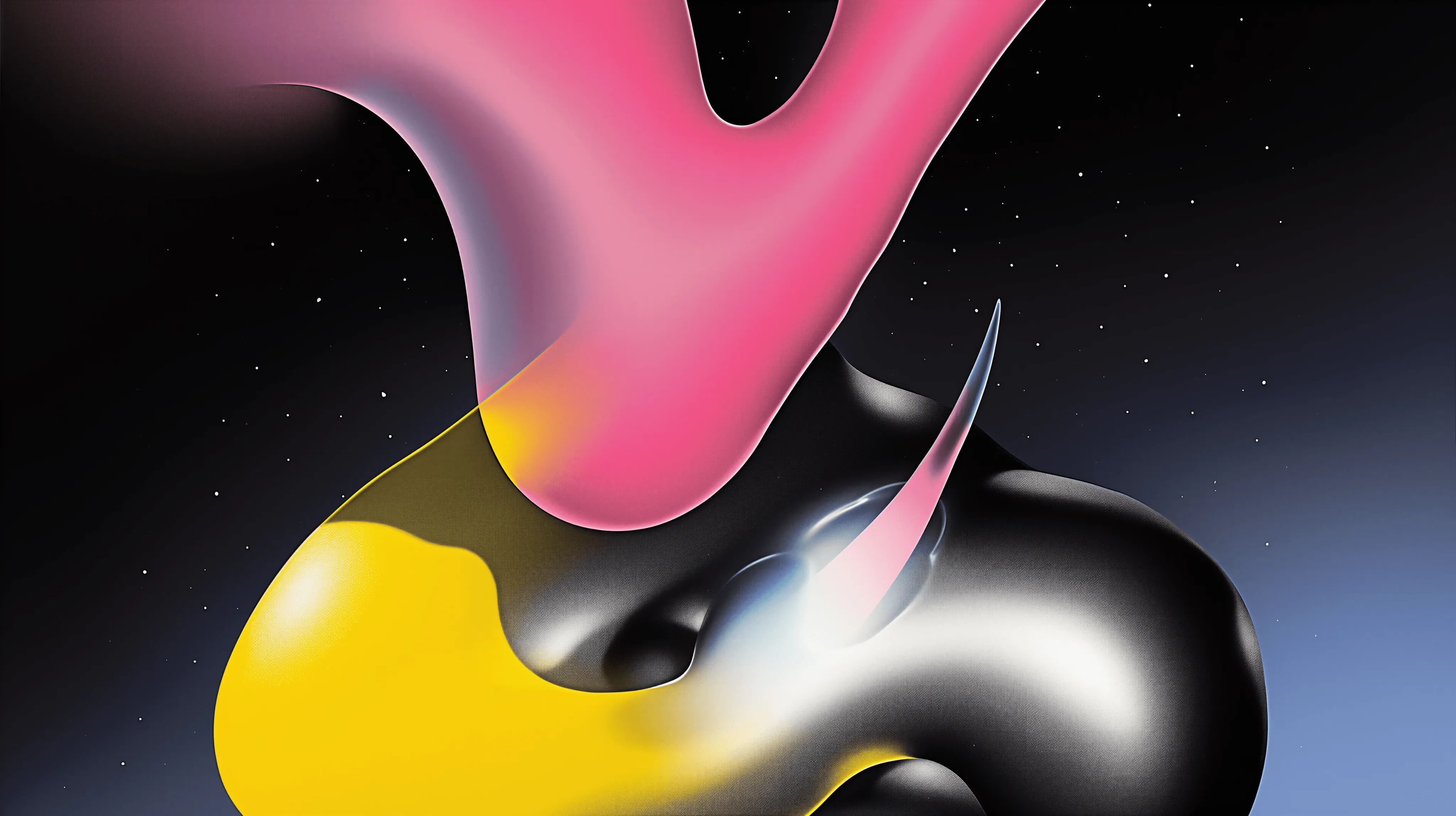 Abstract 3D shapes in pink, yellow, and black on a starry dark background.