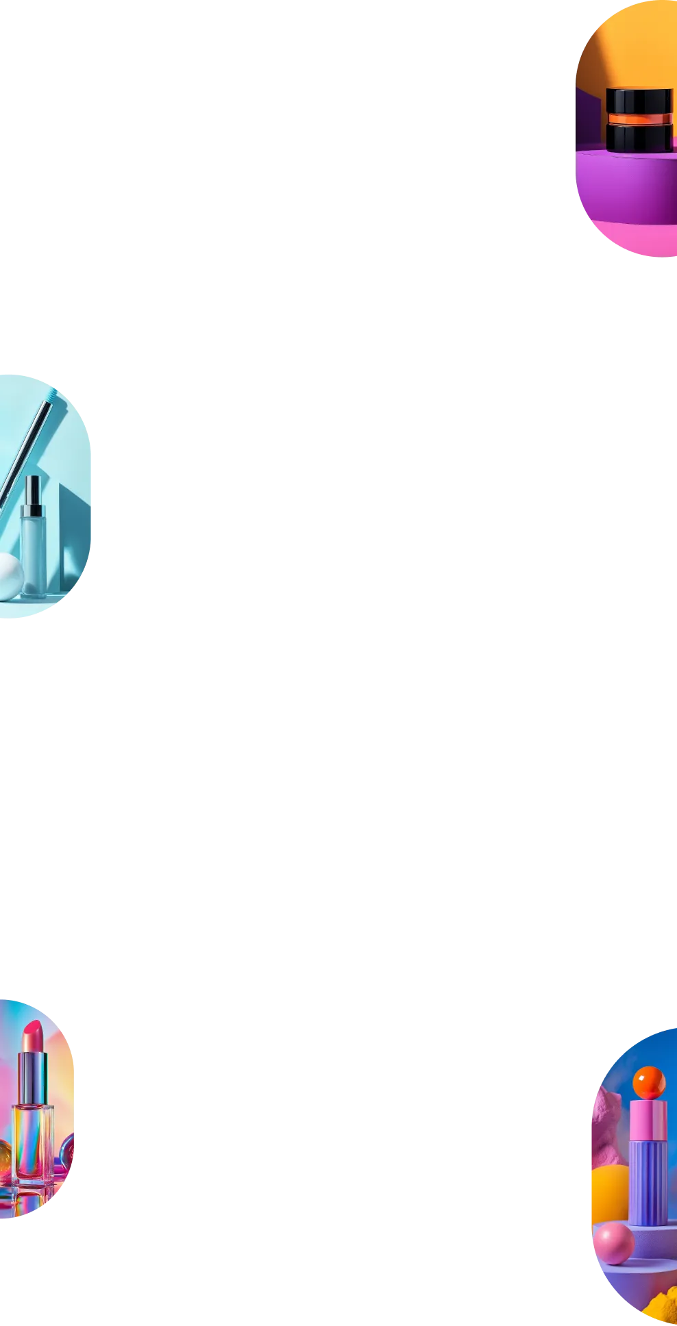 Four circular images of cosmetic products including lipsticks, cream jars, mascara, and colorful abstract backgrounds.