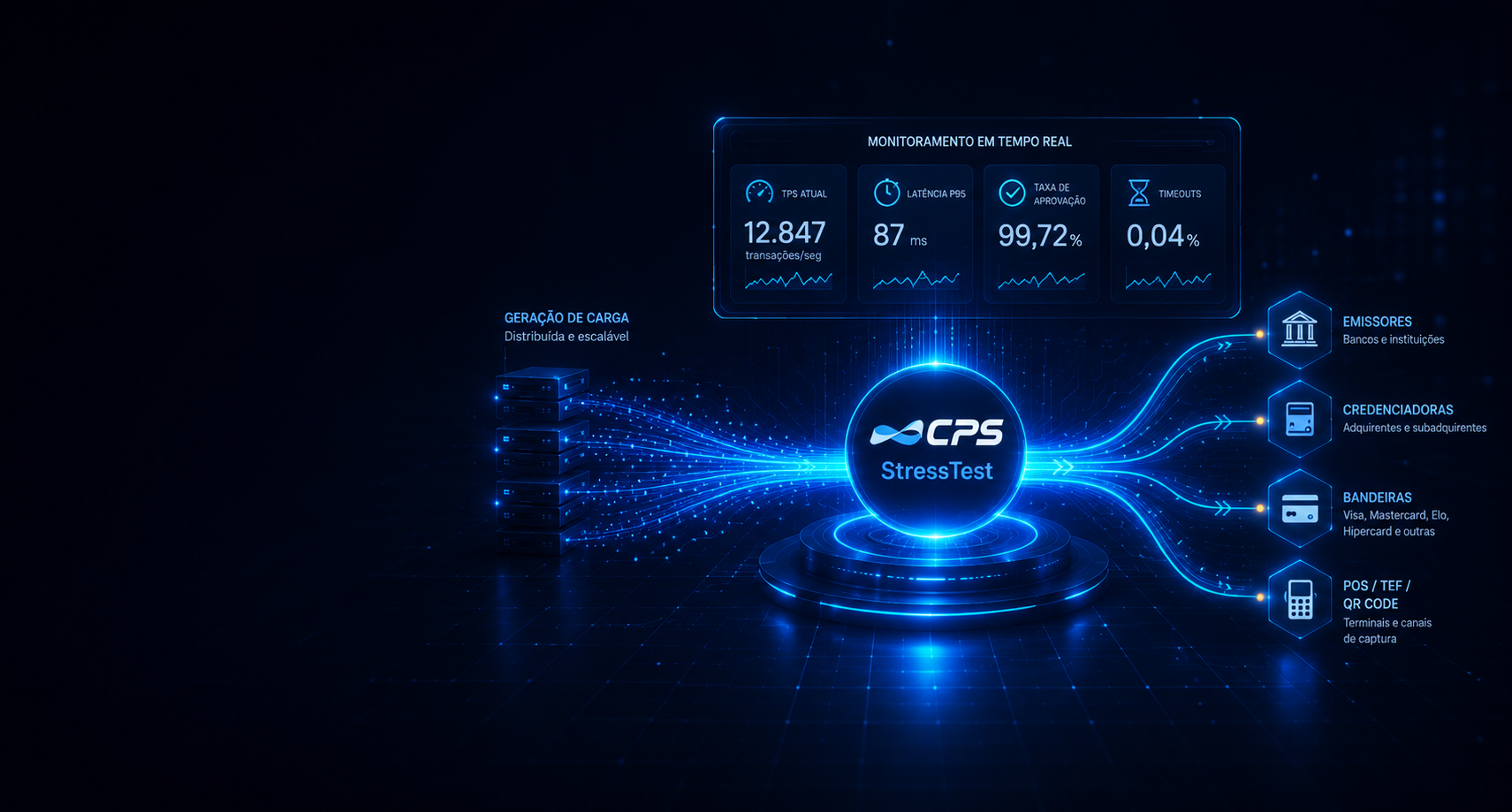 Visualização de teste de carga transacional com métricas de TPS e latência em tempo real