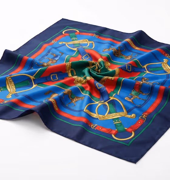 Foulard en soie avec motif équestre coloré comprenant des chevaux, des étriers et des sangles sur fond bleu, vert et rouge.