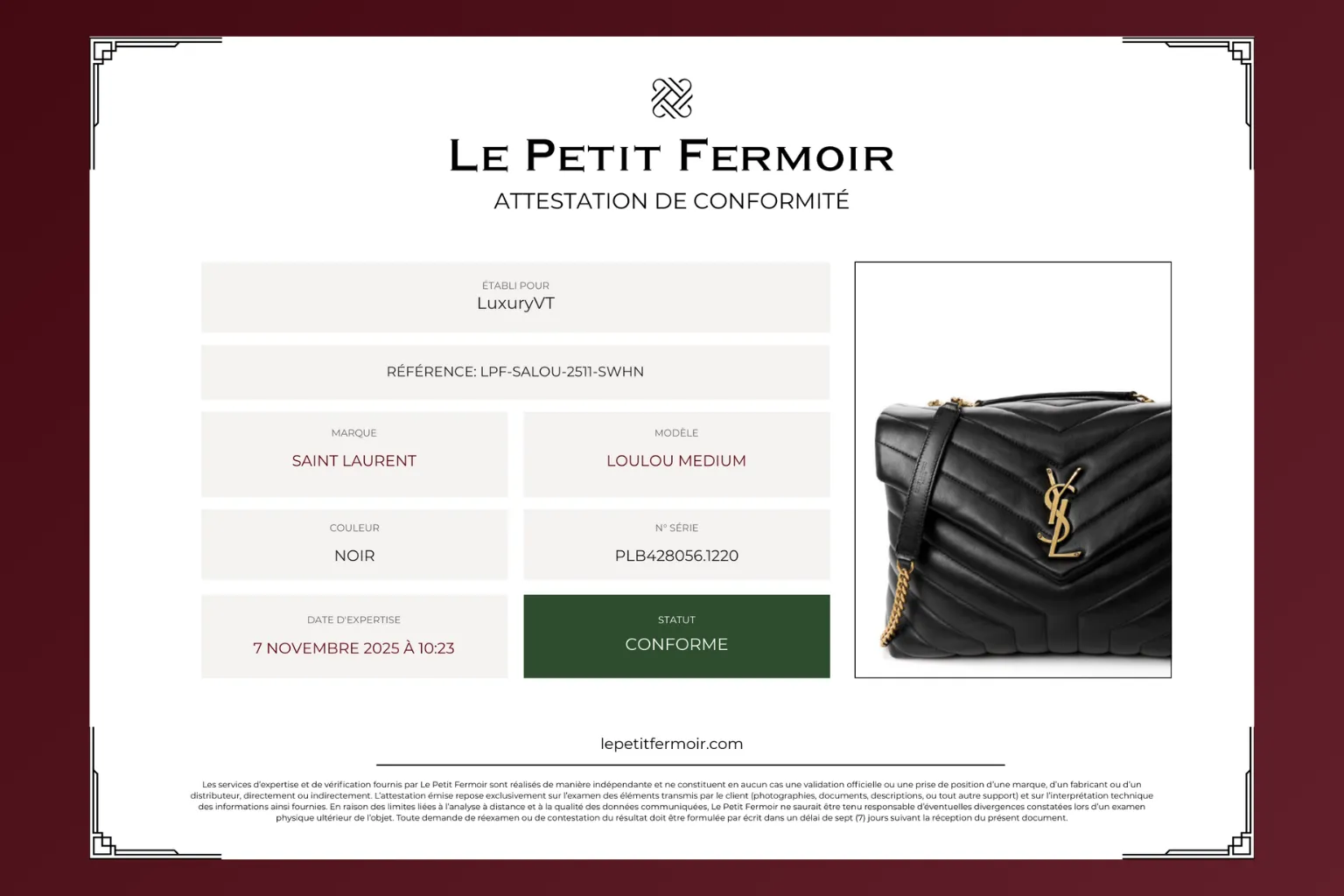 Attestation de conformité Le Petit Fermoir - certificat officiel d'authentification