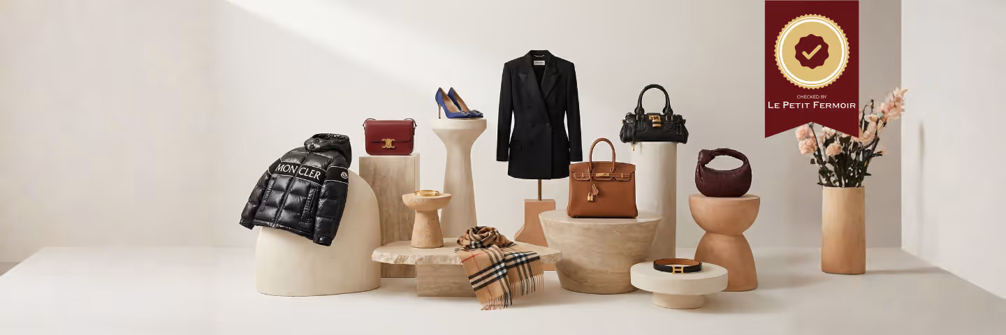 Sélection d'articles de luxe authentifiés par Le Petit Fermoir : doudoune Moncler, sac Celine, escarpins, blazer Saint Laurent, Birkin Hermès — Checked by Le Petit Fermoir