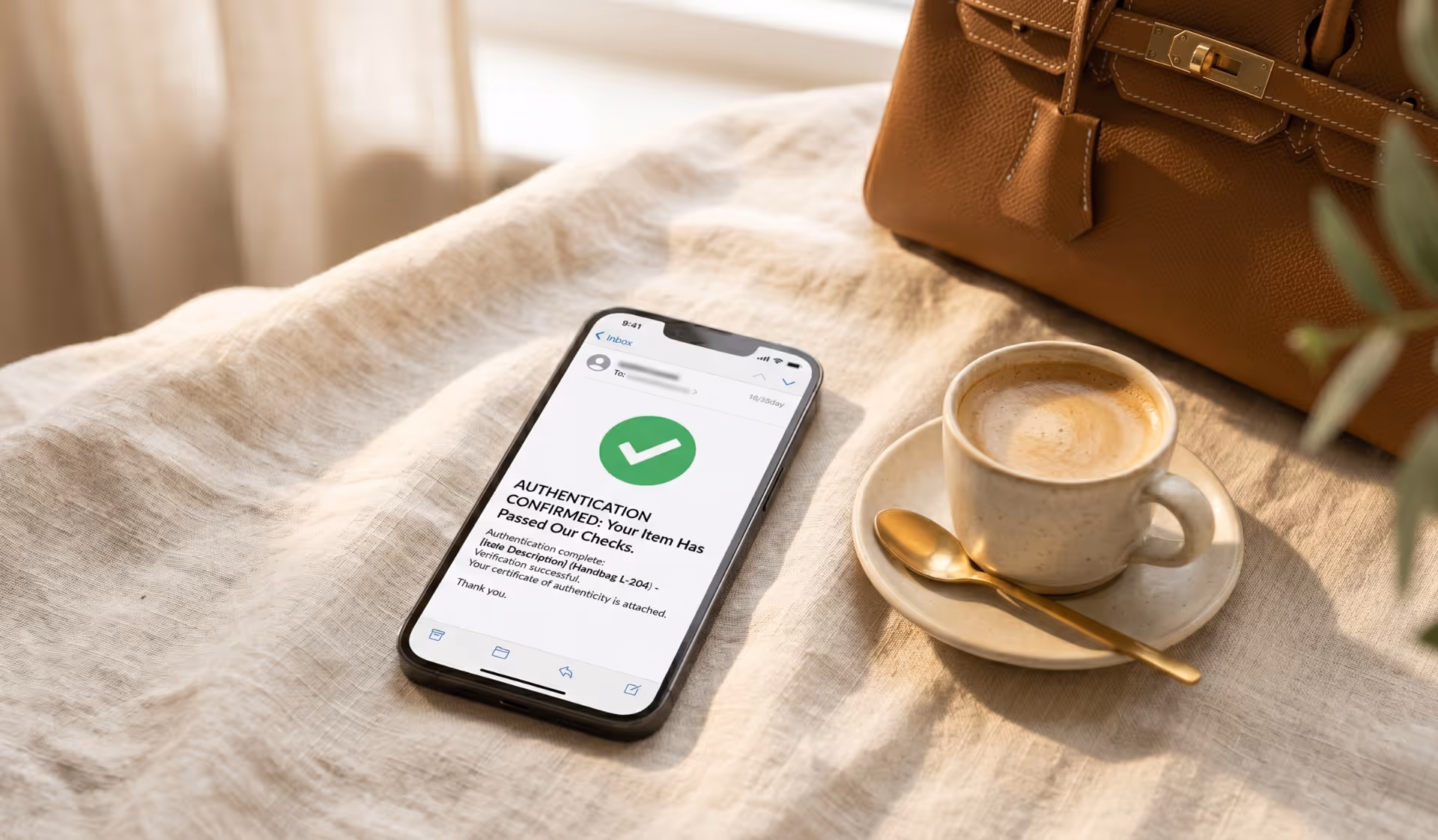 Résultat d'authentification reçu par email sur smartphone — avis d'expert confirmant l'authenticité d'un article de luxe Le Petit Fermoir