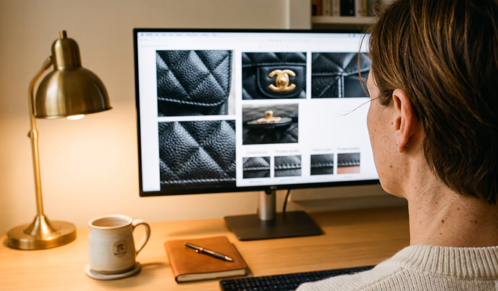 Experte Le Petit Fermoir analysant les détails d'un sac de luxe sur écran — coutures, quincaillerie et cuir examinés pour détecter une contrefaçon