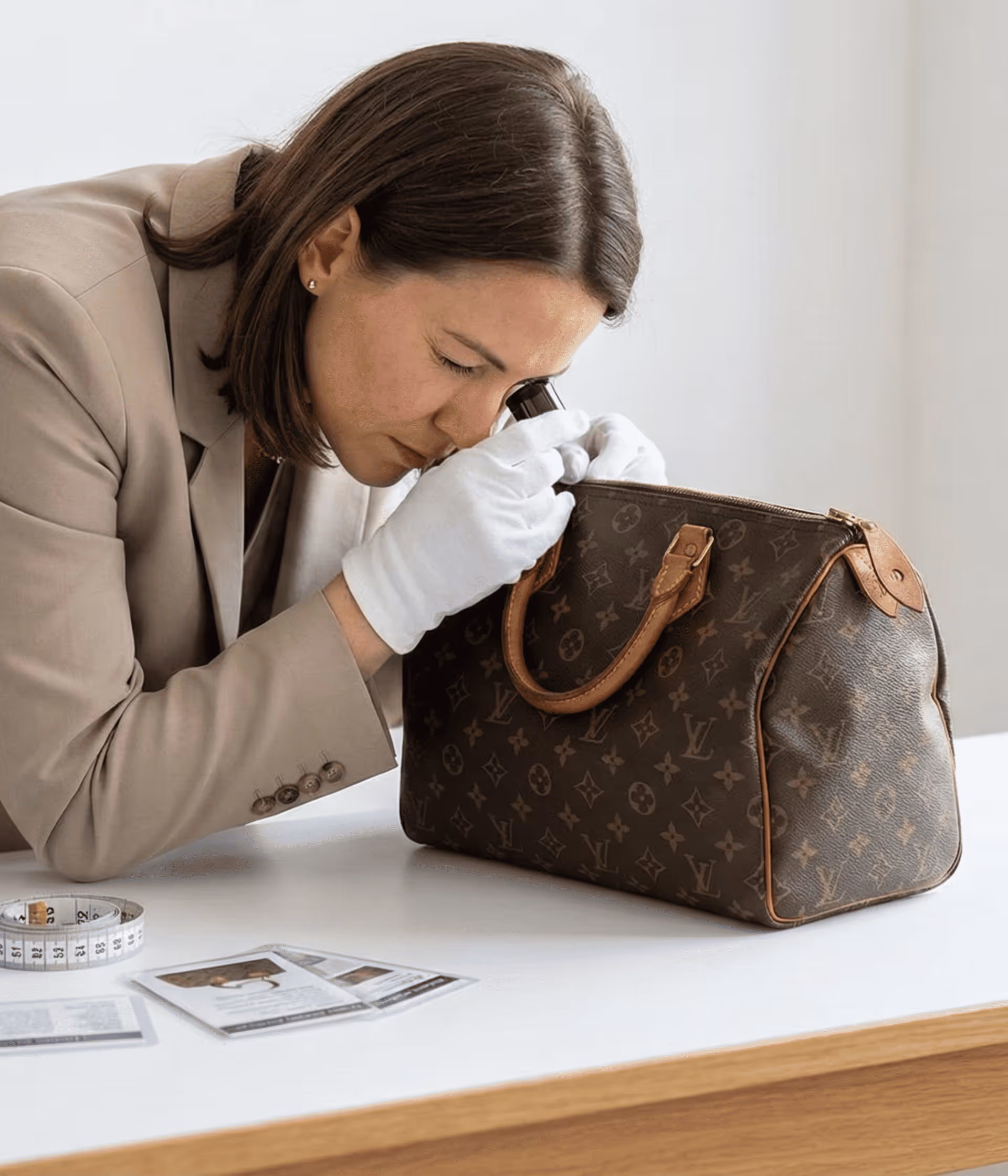 Experte examine un sac Louis Vuitton brun avec une loupe blanche sur une table blanche.