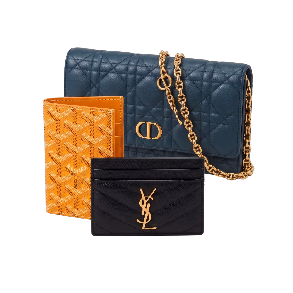 Petite maroquinerie de luxe, portefeuilles et pochettes