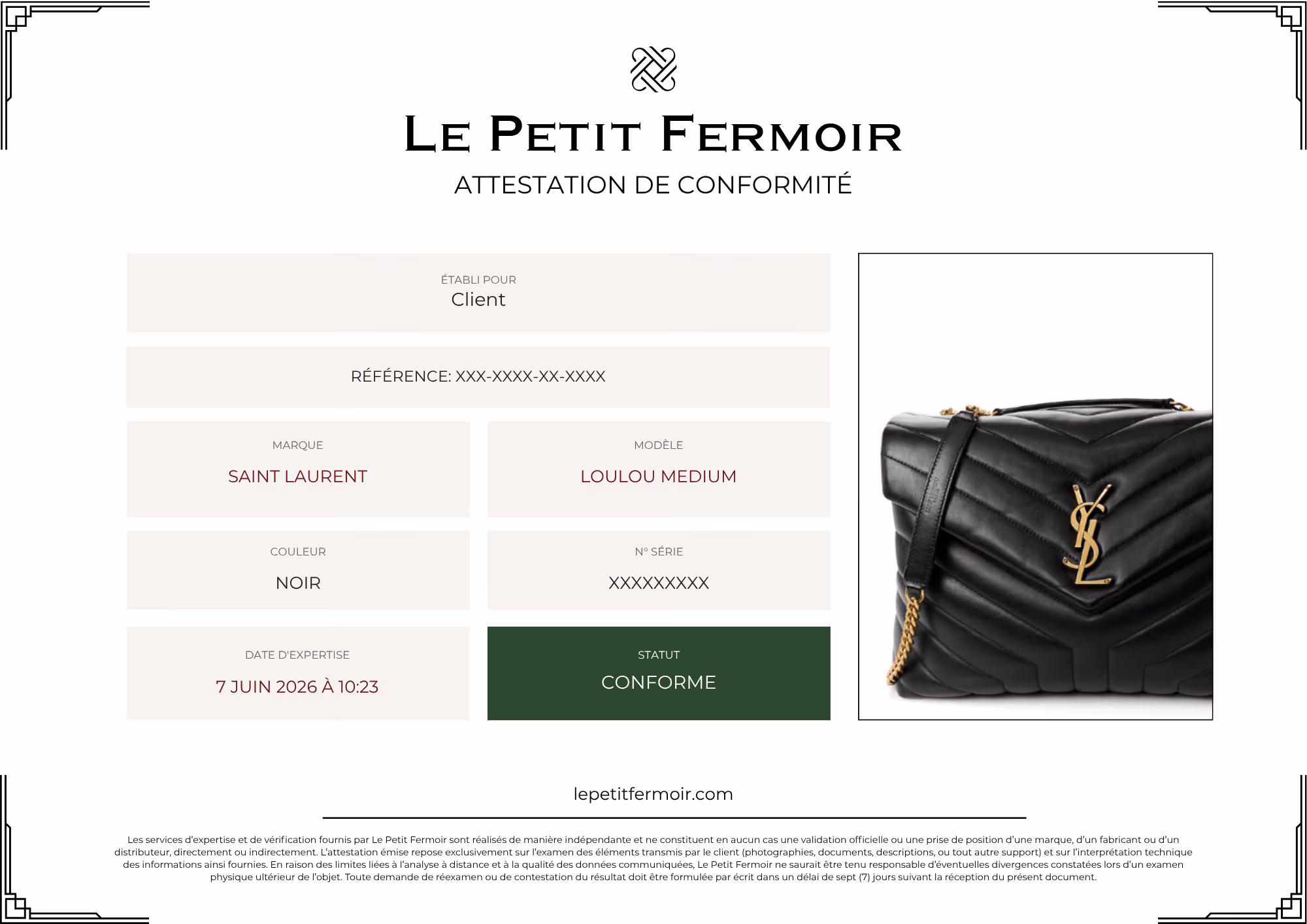 Attestation de conformité pour un sac noir Saint Laurent Loulou Medium avec statut conforme
