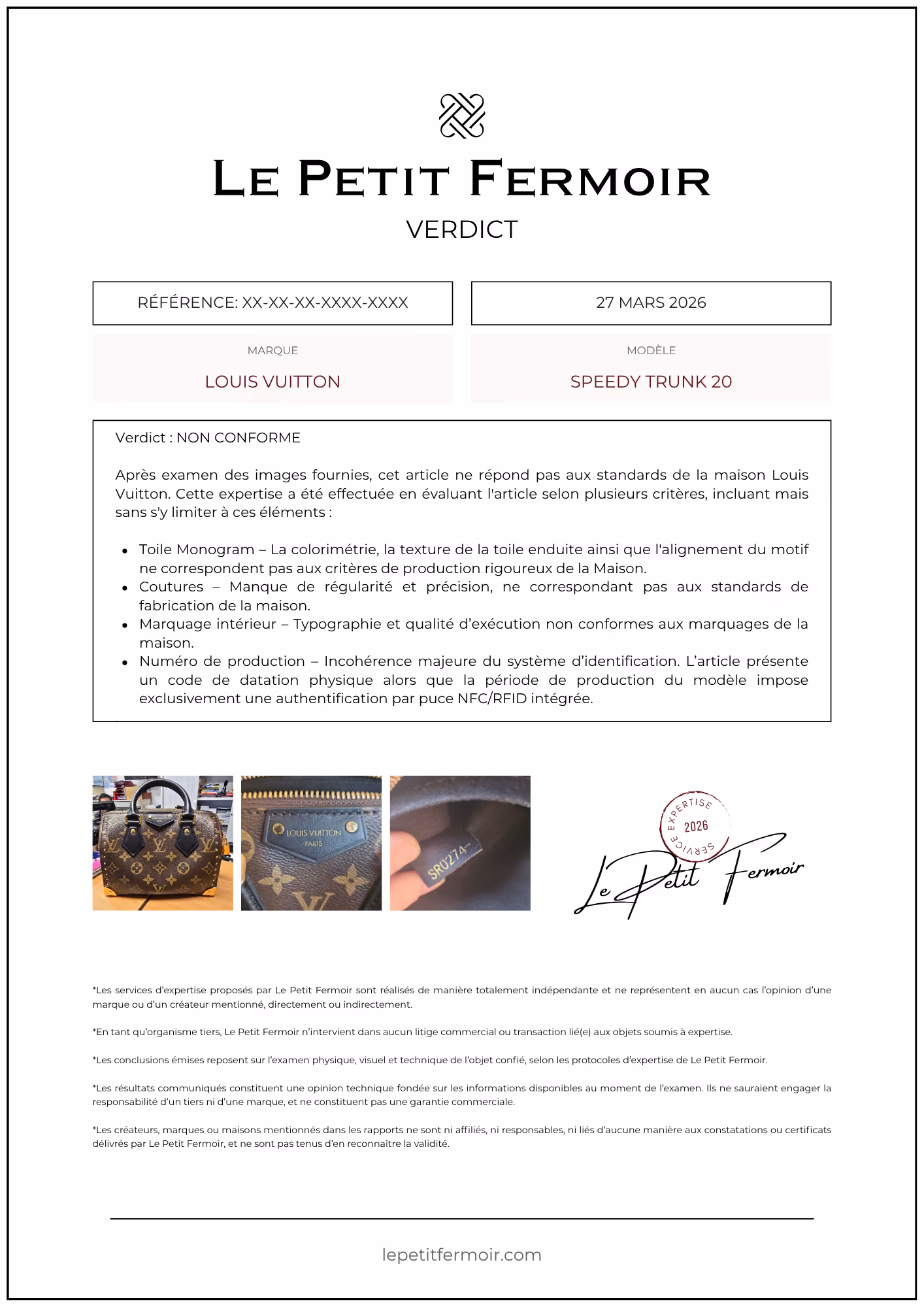 Rapport d'expertise Le Petit Fermoir détaillant les points de contrôle d'un sac Louis Vuitton