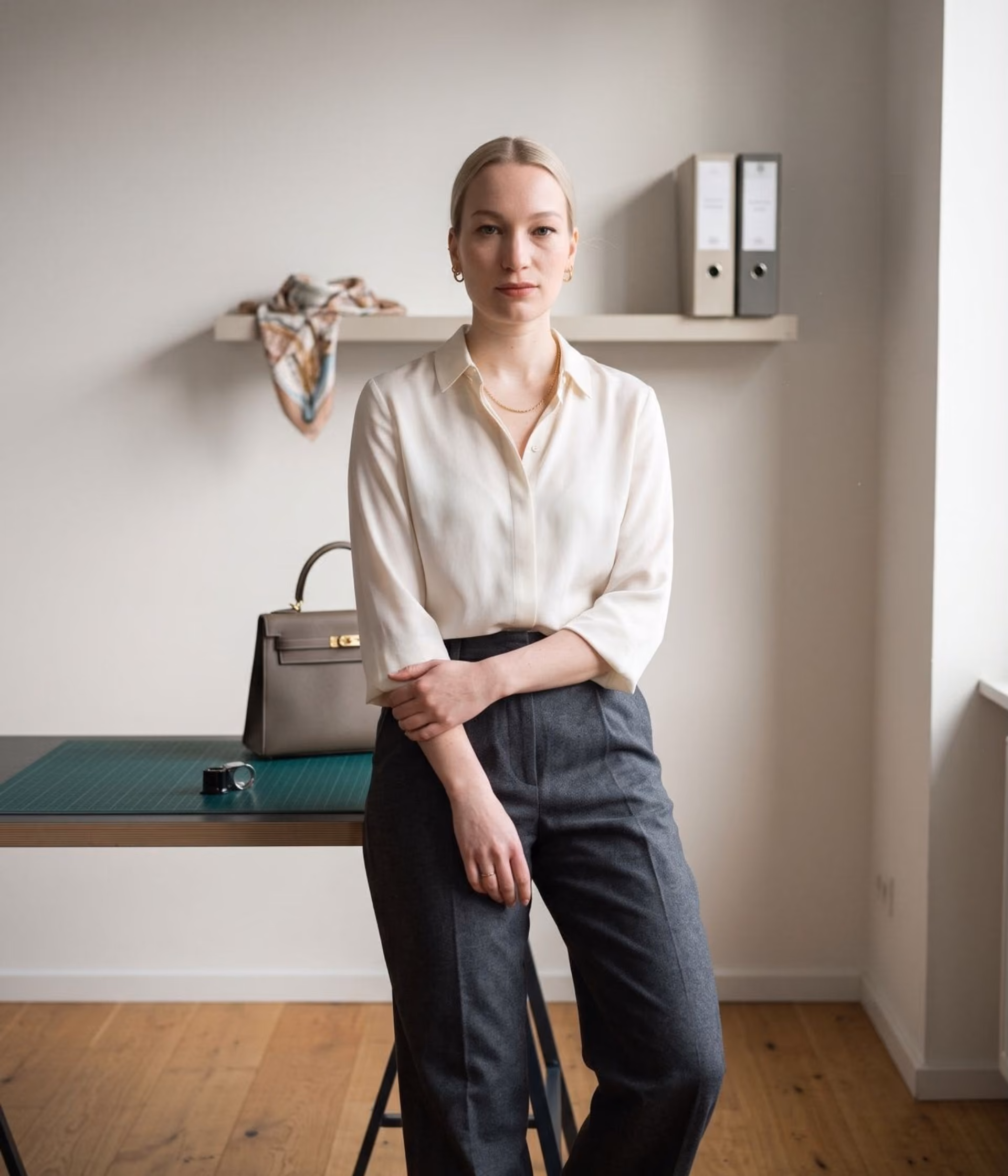 Femme blonde debout près d'une table avec sac, porte une chemise blanche et pantalon gris.