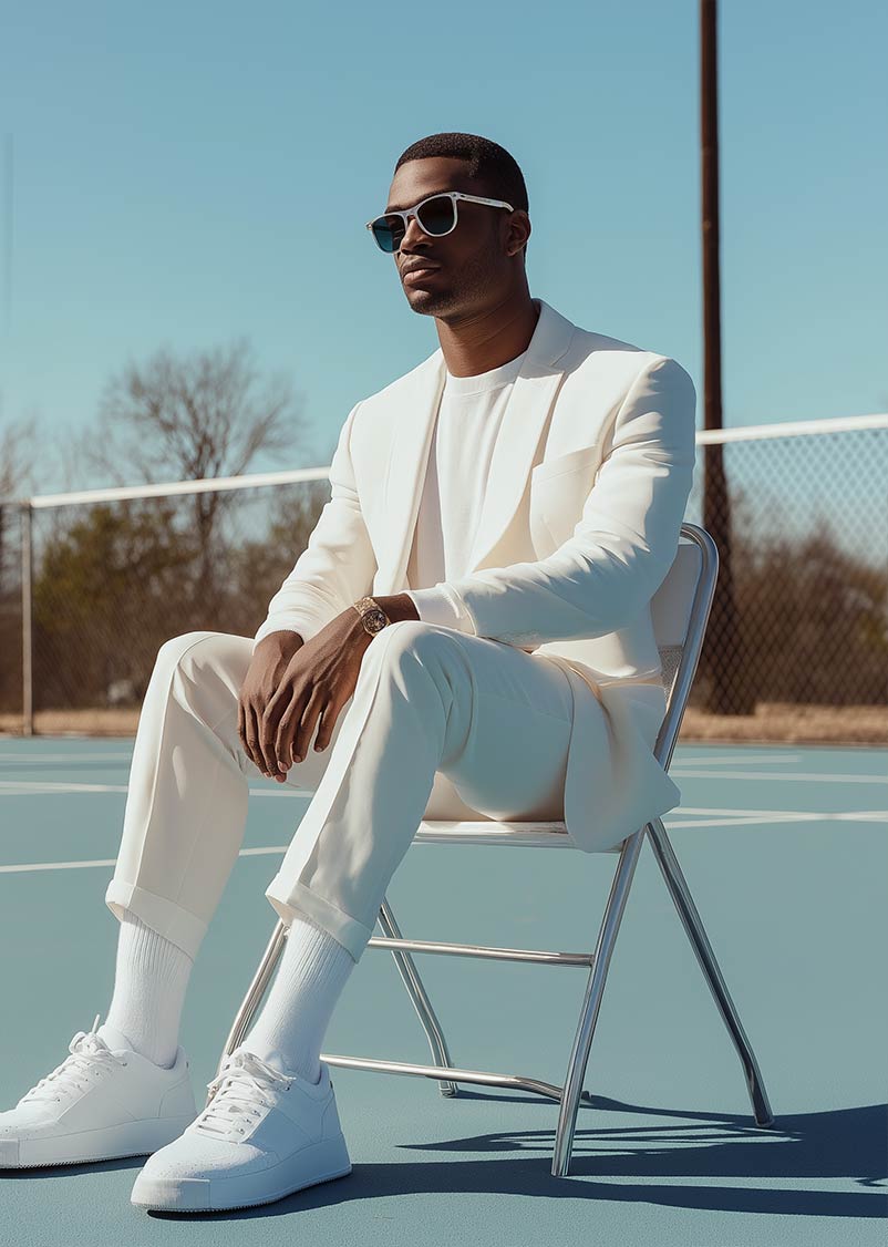 A man in a white suit sits on a tennis court.