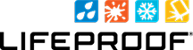 LifeProof logo with four icons representing water resistance, dirt resistance, snow protection, and drop protection.