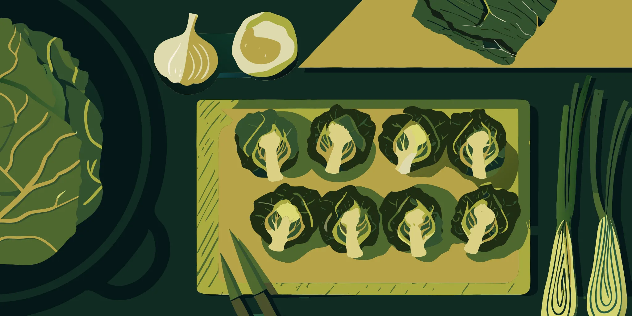 A cutting board with chopped cabbage, garlic, and green onions for gyoza filling.