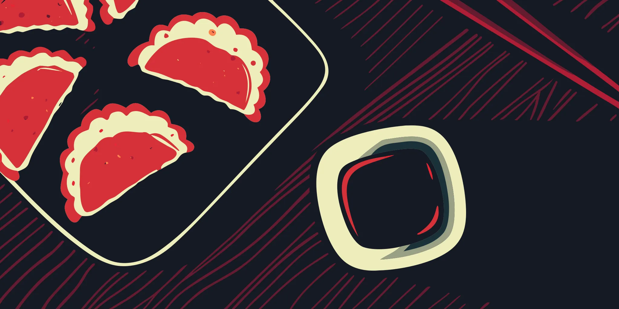 A plate of crispy gyoza dumplings with a side of dipping sauce.