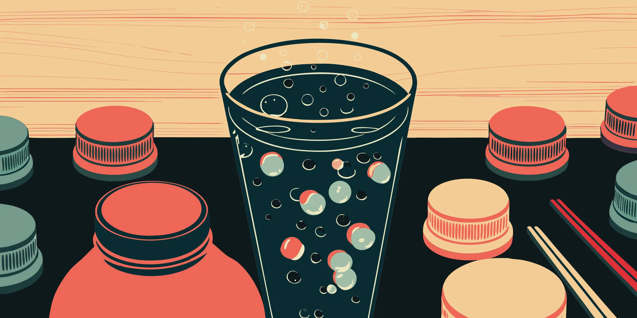 A variety of popular ramune soda flavors represented by colorful bottle caps around a glass.