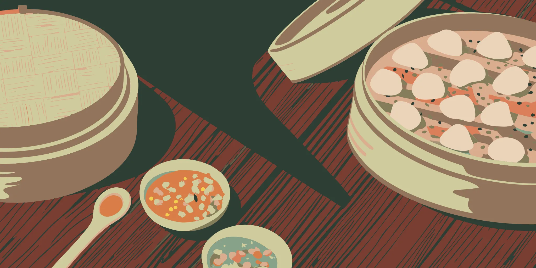 Steamed chicken gyoza in a bamboo basket served with dipping sauces.