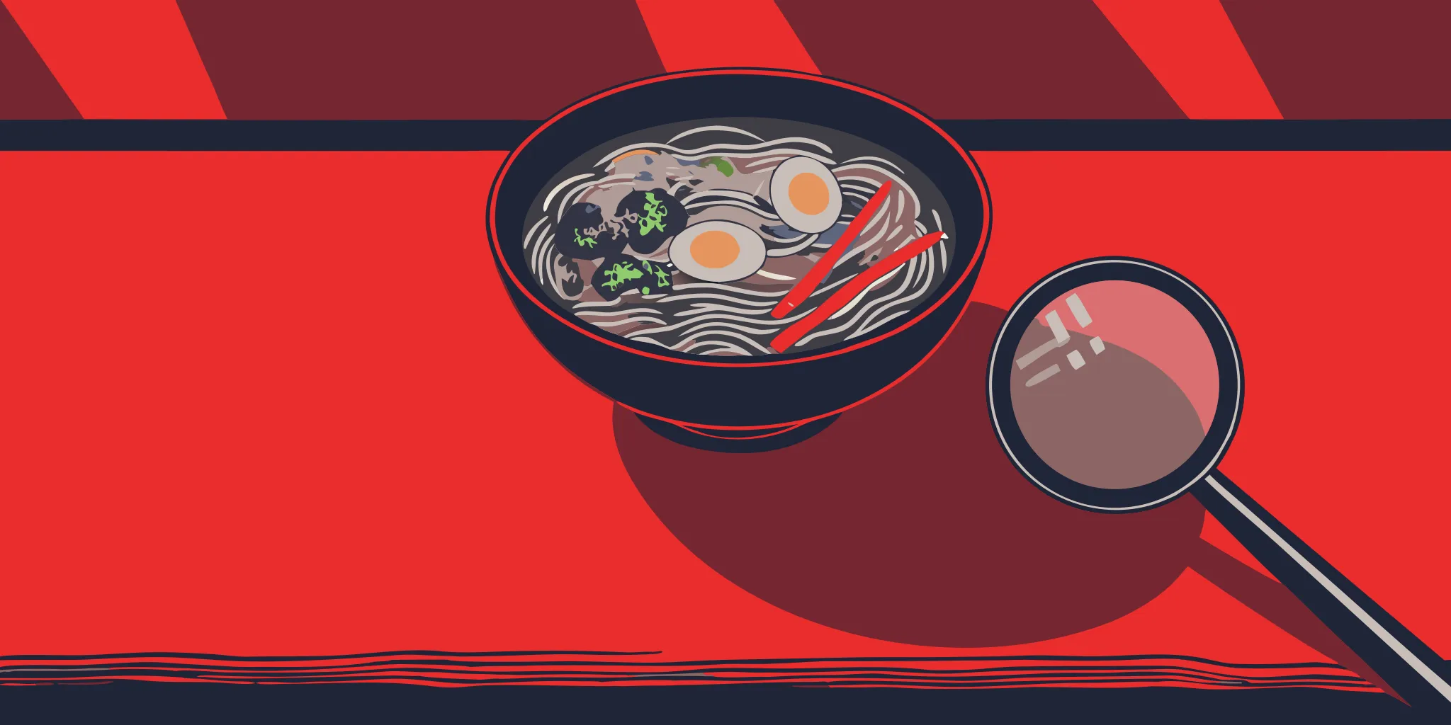 A magnifying glass examining the nutrition label for a bowl of ramen noodles.