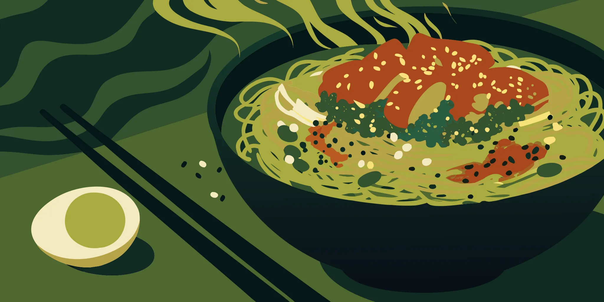 Hot chicken spicy ramen in a bowl with a soft-boiled egg and chopsticks.