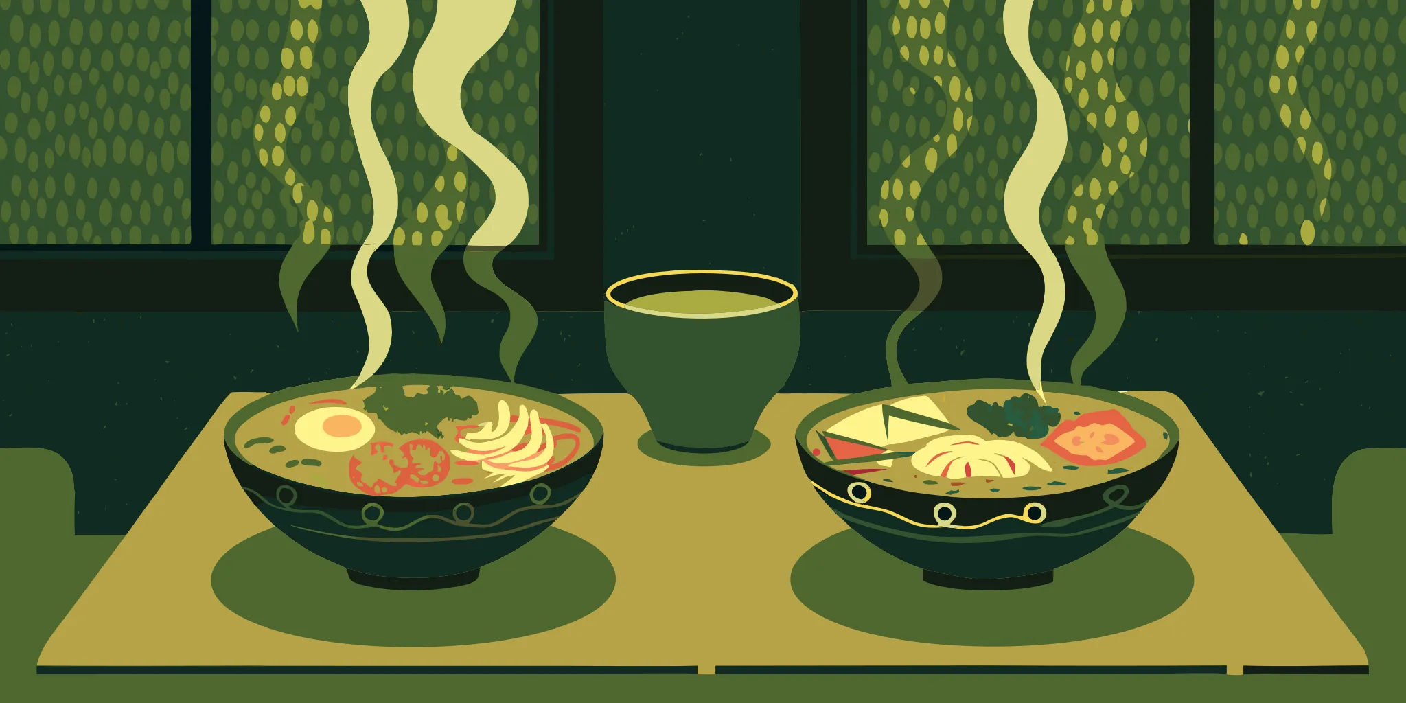 Bowls of ramen with various toppings set up for a catering event.