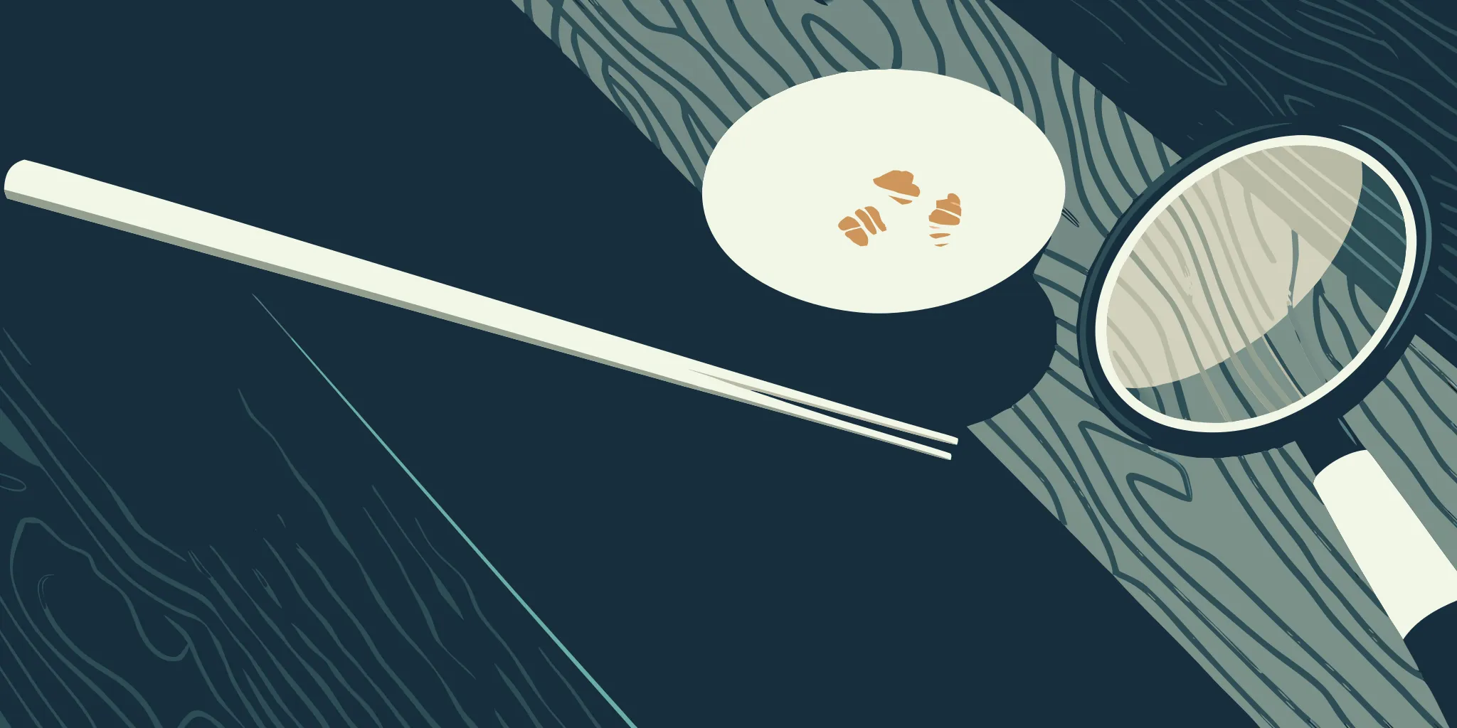 A magnifying glass examining ramen noodle nutrition facts next to a plate and chopsticks.