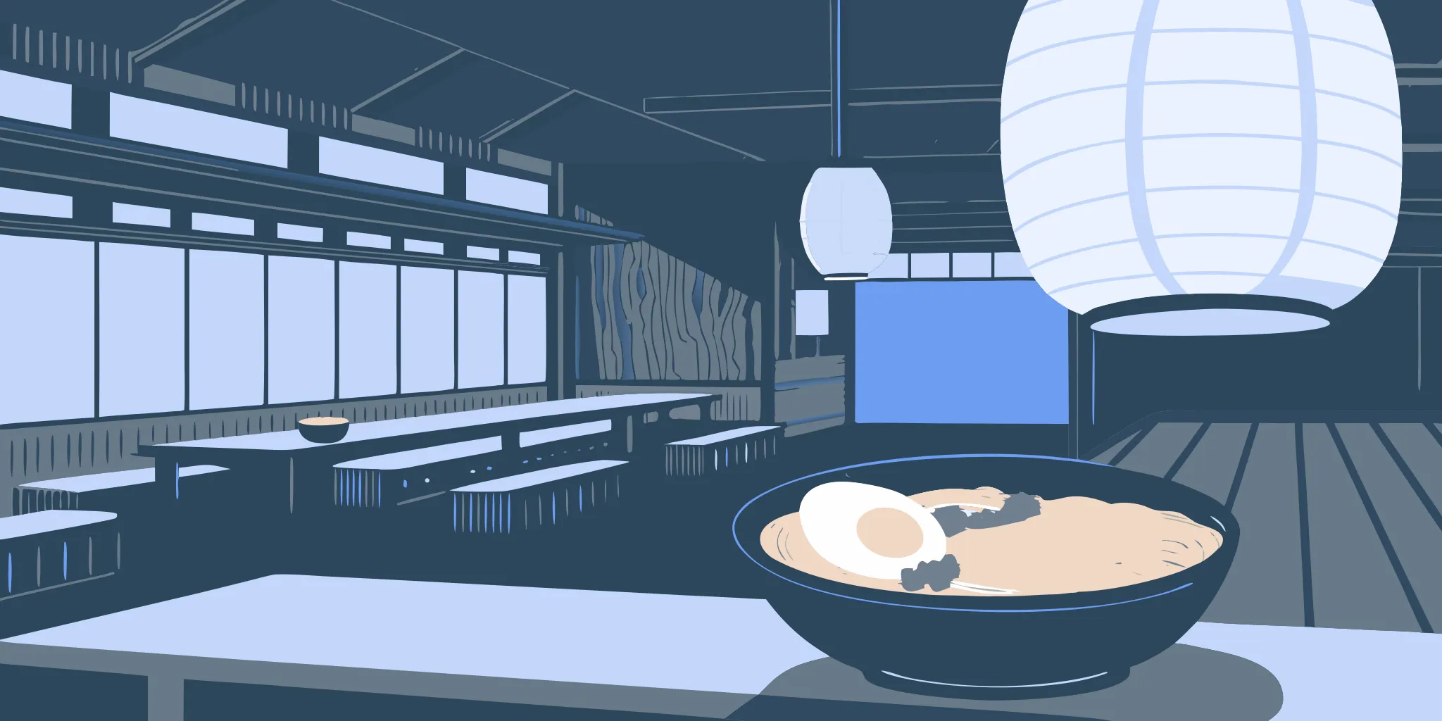 Ramen bowl on the counter of a modern Japanese eatery with paper lanterns and communal seating.