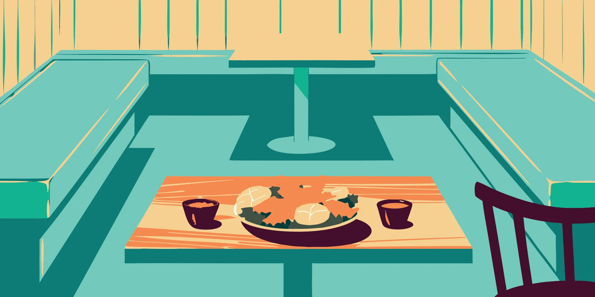 Crispy, golden-brown karaage served in a restaurant booth with dipping sauces and buns.