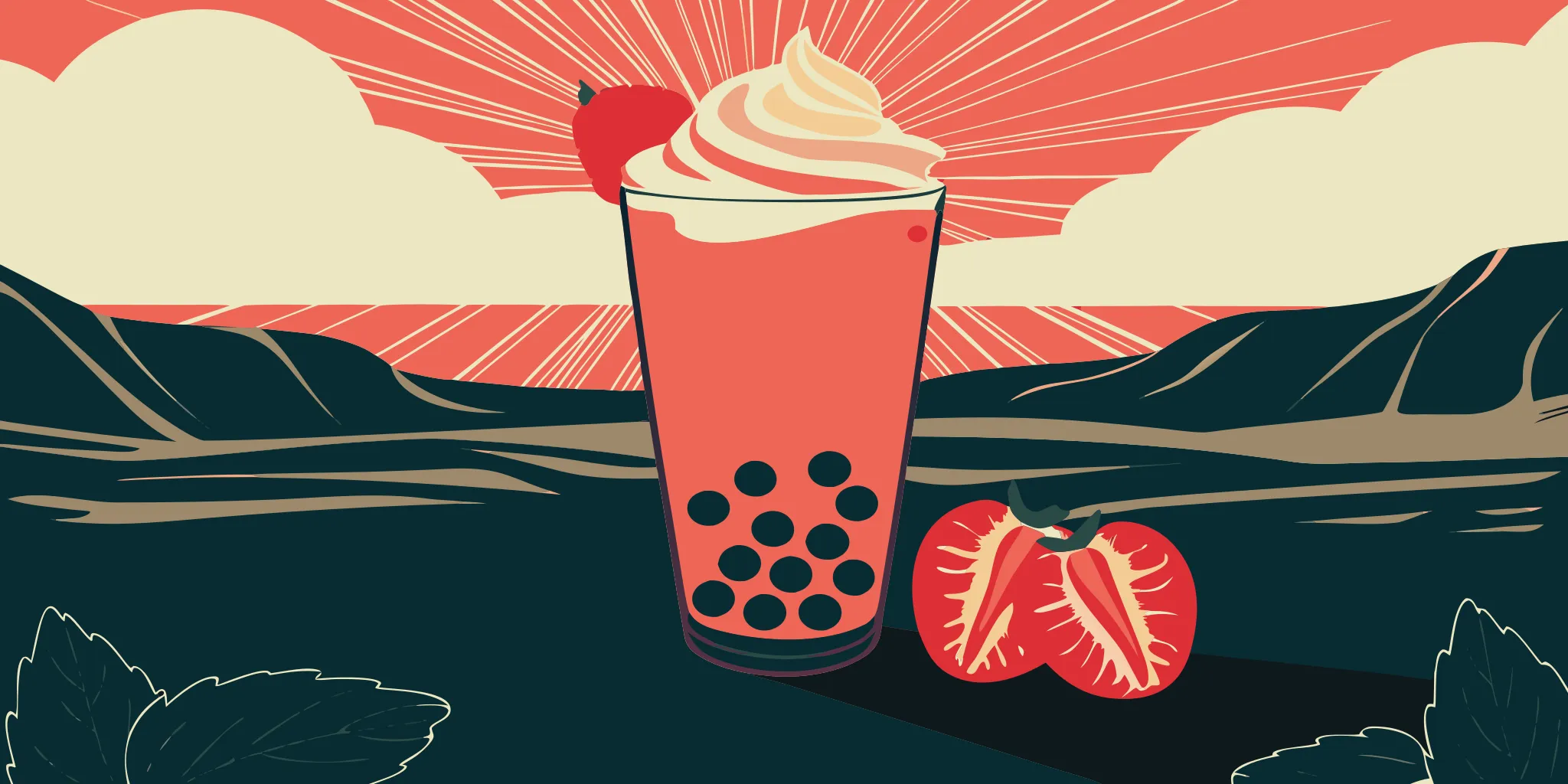 A glass of homemade strawberry boba tea topped with whipped cream and a fresh strawberry.