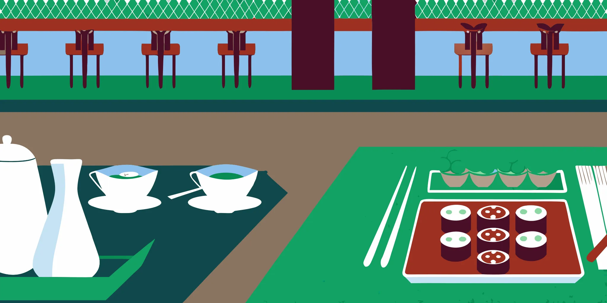 Fresh sushi rolls and green tea at a Japanese restaurant in Franklin.