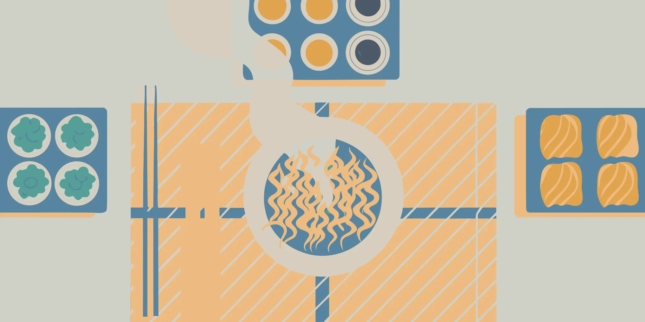 A steaming bowl of ramen and fresh sushi in a restaurant.