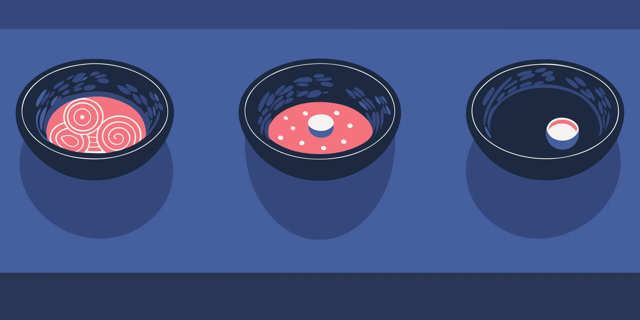 Ramen serving size comparison with three different bowls.