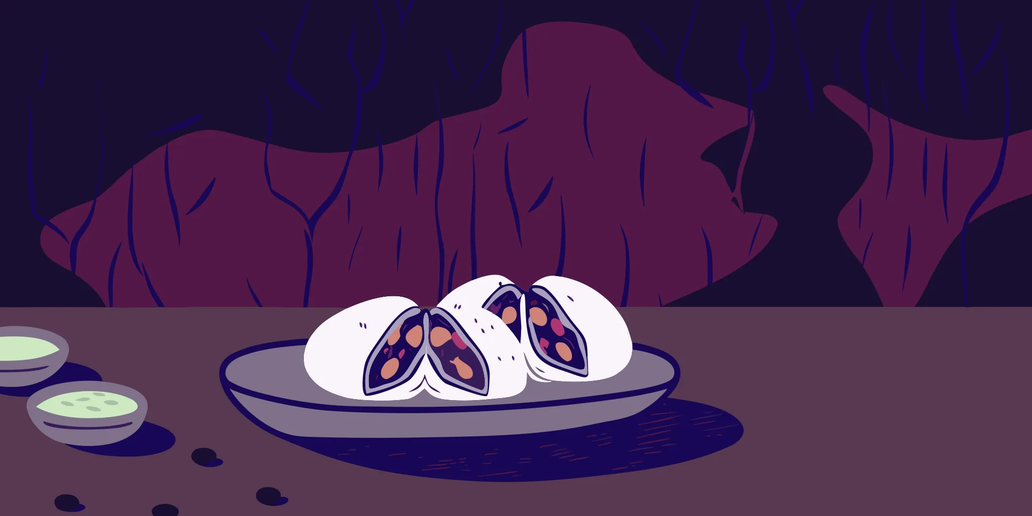 Fluffy steamed pork chashu buns sliced open to show the savory pork filling.